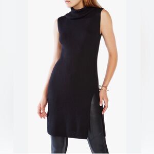 BCBG Sleeveless Black Turtleneck Knit Sweater Dress with Slit